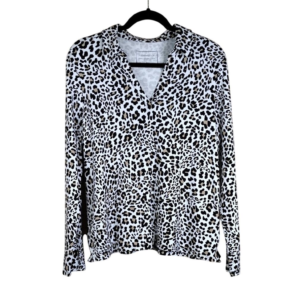 Charter Club Top Women’s XL Leopard Print V Neck Long Sleeve Supima Cotton